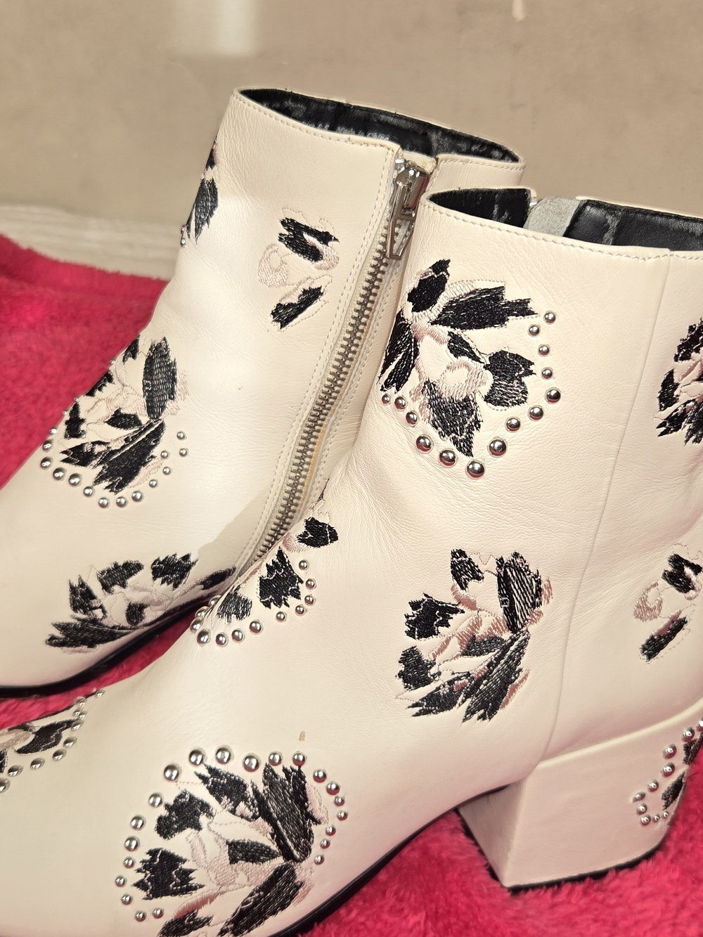 Dolce Vita White Floral Embroidered Studded Ankle Boots